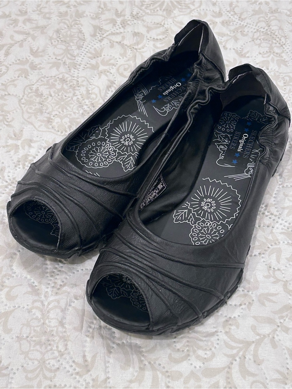Skechers Originals Bikers Premium Black Leather Peep-Toe Active Flats Women 9.5